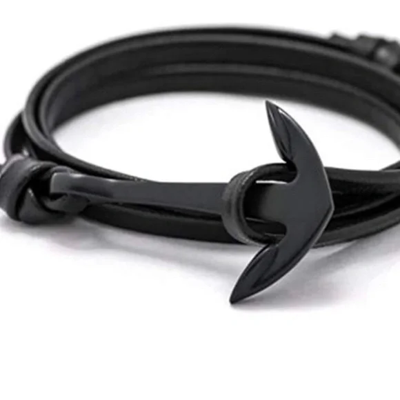 New Men's Stephen Oliver Black Plated Leather Nautical Wrap Bracelet